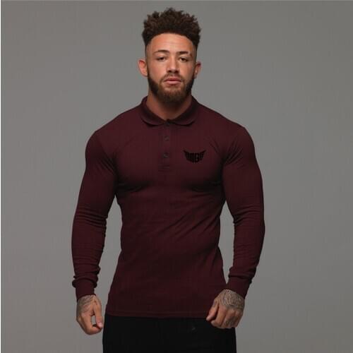Bodybuilding and Fitness Polo Shirt Mens Gym Coach Clothes Stretch Cotton Long Sleeve Turn-down Collar Polo Shirt Plus Size