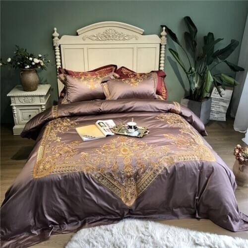 Bro'w'n luxury Embroidered 120S Egyeptian cotton Royal Bedding sets Queen King Wedding Duvet cover Bed sheet set Pillowcases 4pc