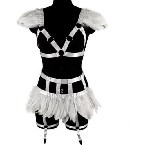 White Harness Bra Feather Set Crop Tops Punk Goth Cage Body Belt Elastic Adjust Garter Skirt Art Dance Wear Lingerie Suspender