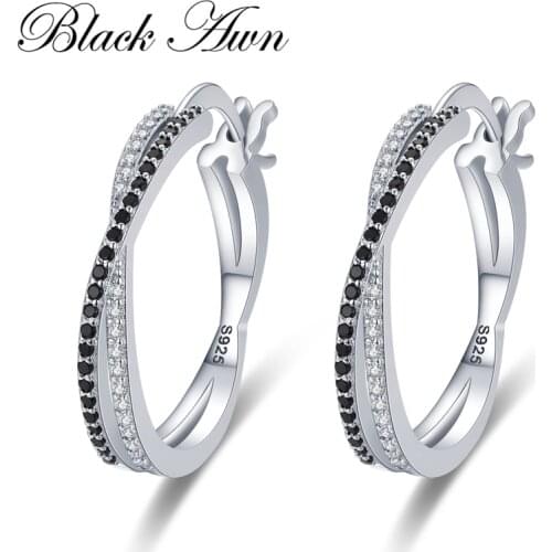 Black Awn Classic 925 Sterling Silver Round Black Trendy Spinel Engagement Hoop Earrings for Women Fine Jewelry Bijoux I209
