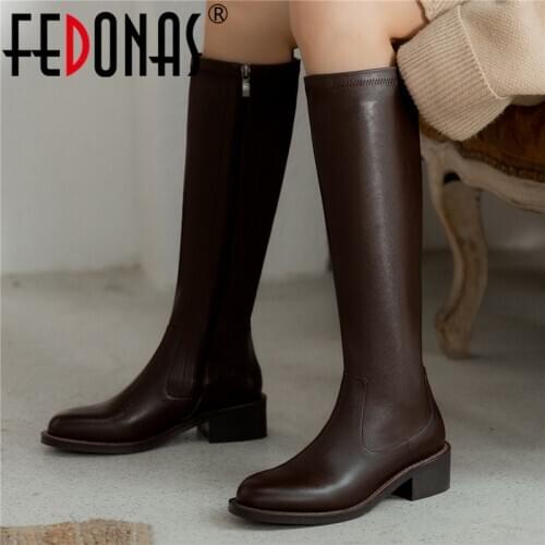 FEDONAS Round Toe Knee High Boots 2020 Winter Newest Genuine Leather Shoes Woman Heels Party Basic Thick Heels Winter Boots