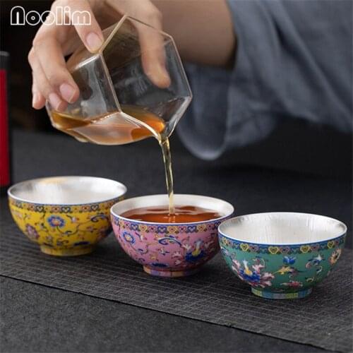 Ceramic Enamel Color 999 Sterling Gilt Silver Teacup Office Master Cup Simple Small Tea Bowl Kung Fu Tea Set Drinkware 120ML