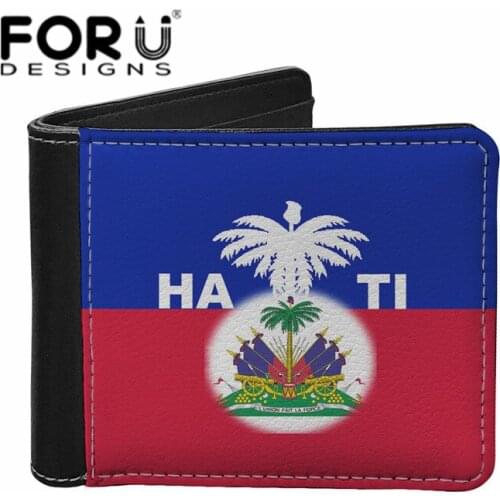 FORUDESIGNS Leather Men Wallets Haiti Flag Print Premium Purse Man Short Clutch Bags Card Holder Double Fold Portefeuille Homme