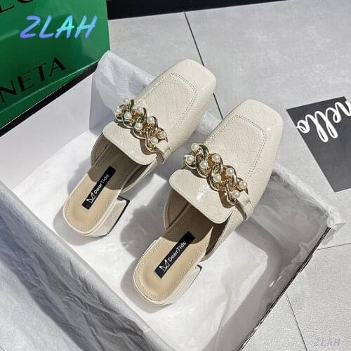 Summer New Womens Metal Chain Muller Slippers Zlah Fashion Beaded Square Head Low-heel Baotou Shoes Womens Casual Slippers