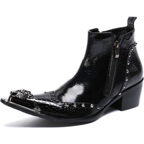 Luxury Metal Pointed Toe High Heel Patent Leather Men Boots Trendy Chelsea Ankle Boots Mens Height Increase Short Boots 37-46