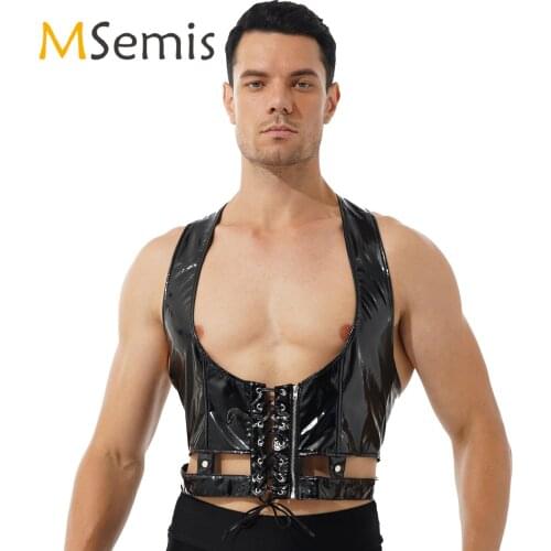 Mens Lingerie Latex Patent Leather Vest Gothic Steampunk Lace-Up Front Sexy Harness Belt Adjustable Buckle Back Tops Clubwear