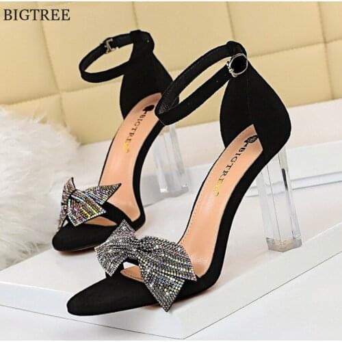 2021 Party Transparent Heel Women Sandals Open Toe Sexy Crystal Bowknot Suede High Heels Shoes Dress Platform Buckle Pumps Woman