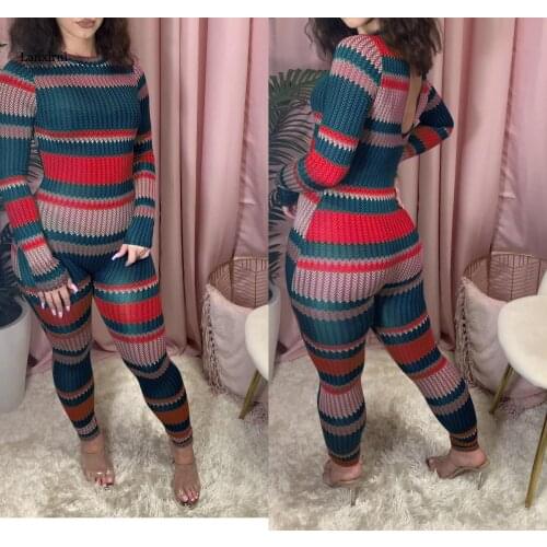 Autumn Striped Print Bodycon Jumpsuit Women Skinny Active Wear O-neck Sexy Club Rompers Long Sleeve One Piece Overalls