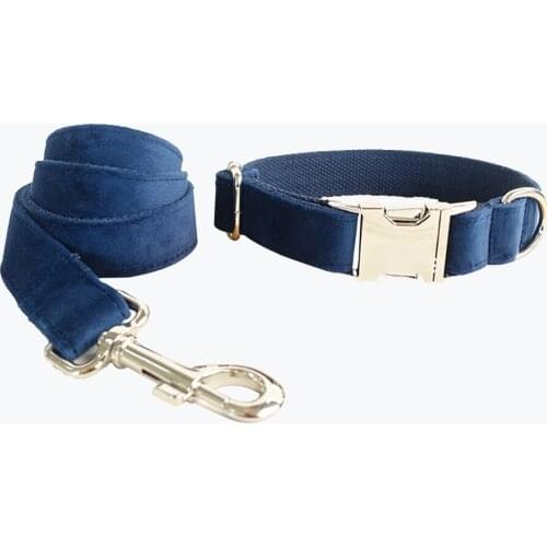 Customized Dog Collar Engraved Puppy ID Tag Leash Collar Set Adjustable Outdoor Solid Canvas Pet Collar Leash THE SAPPHIRE Blue