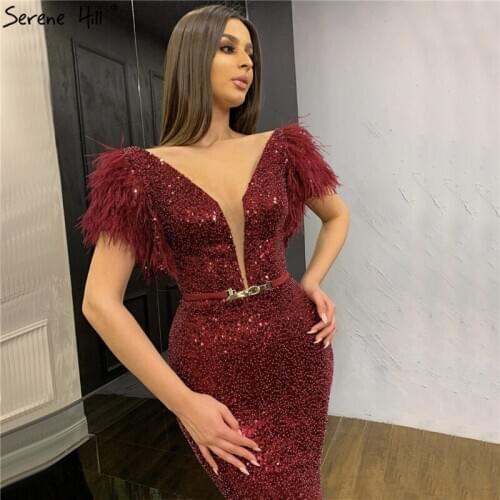 Celebrity dresses Wine Red Short Sleeves Deep-V Evening Dresses 2020 Feathers Sequined Sparkle Sexy Formal Dress BLA70460