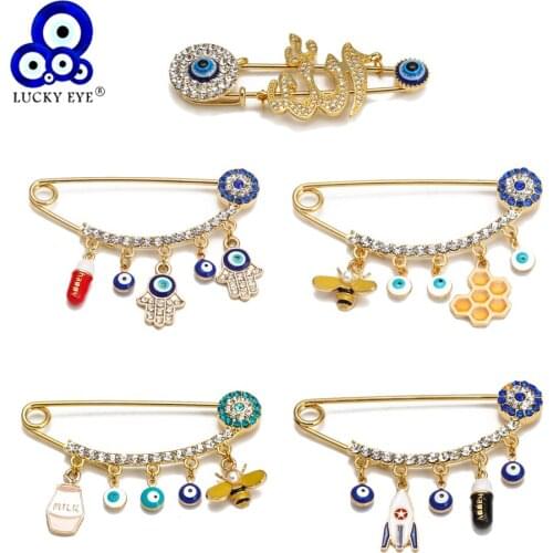 Lucky Eye Fatima Hand Blue Turkish Evil Eye Brooch Pin Copper Gold Silver Color Brooch for Women Girls Fashion Jewelry BE234