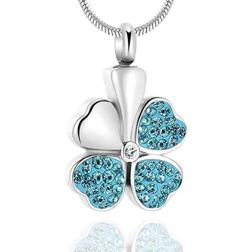 Different Color Crystal Four-leaf clover Cremation Pendant&Necklace Stainless Steel Funeral Jewelry Casket Locket for Women/Girl