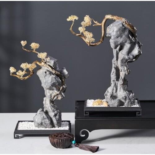 Luxtry Simulation Copper Plant Bonsai Mountain Stone Statue Zen Ornaments For Home Room Office Hotel Soft Decor Furnishings