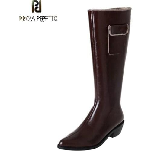 Horse Oil Cowhide Rider Boots Knee-length Pointed Toe Mid-heel Side Zipper Western Boots Zipper Pocket Decorative Boots