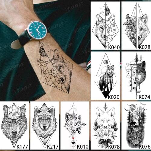 9pcs/lot Waterproof Temporary Tattoo Sticker Wolf Flower Dark Line Geometric Flash Tatoo Man Child Kid Body Art Fake Tatto Woman