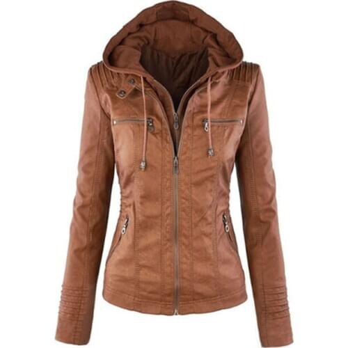 Gothic Faux Leather Jacket Women 2020 Khaki Winter Motorcycle Jacket Hoodies Outerwear Faux Leather PU Basic Jacket Coat