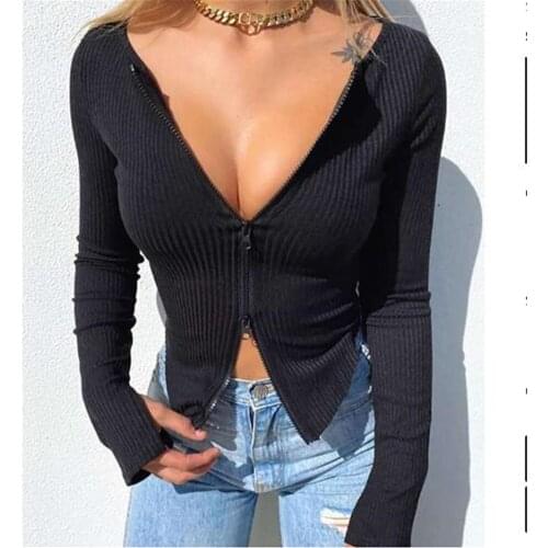 Women T-shirt Spring Autumn Clothes Ribbed Knitted Long Sleeve Crop Tops Zipper Design Tee Sexy Female Slim Black White Tops