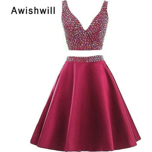 Double V-neck Beaded Satin Sleeveless Homecoming Dresses 2020 Two Pieces Graduation Party Dress Vestido Corto Para Fiesta