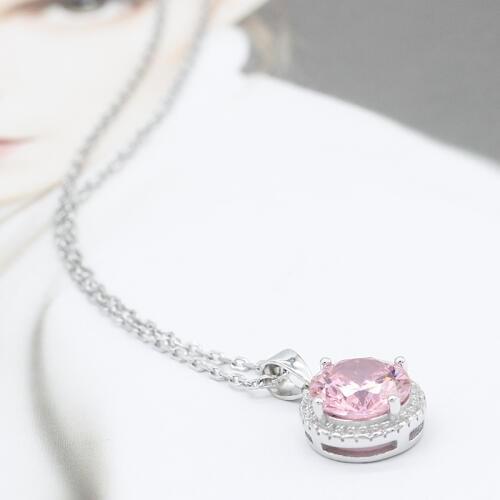 925 Sterling Silver Women Necklace Chain with Dazzling Pink Cubic Zircon Lovely Pendant Chain for Wedding Engagement Jewelry