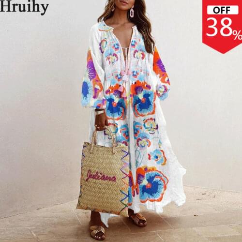 Plus Size Women Dress A Line Print Fashion V Neck Long Sleeve Dress Elegant Party Beach Holiday Loose Long Dress Femme