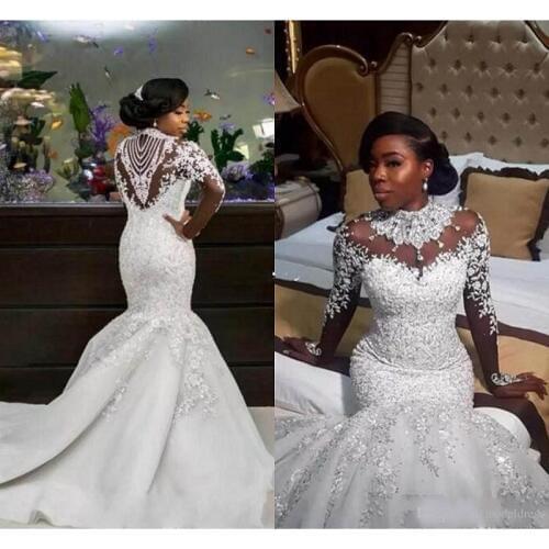 Luxury African Mermaid Wedding Dresses 2021 vestido de novia Long Sleeve Bridal Dress Sheer Lace Custom Made Wedding Gowns