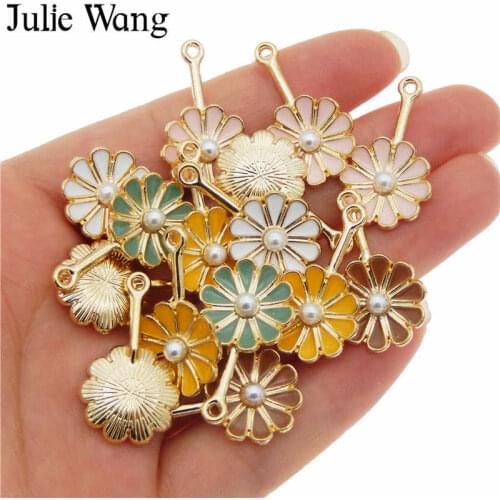 Julie Wang 10pcs Enamel Daisy Flowers Charms Alloy 5 Colors Gold Tone Pendant Necklace Bracelet Jewelry Making Accessory