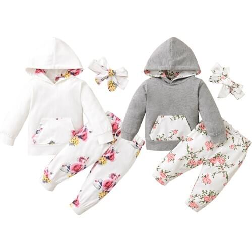 3 Pcs Baby Autumn Outfits, Long-Sleeves Hoodie Top + Floral Print Pants + Bowknot Hairband Suit for Toddler Girls, 3-24 Months