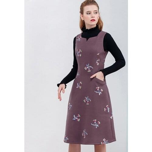 Abrini 2021 Winter Fall Woolen Sleeveless Vintage Dresses Vestidos Woman Clothes Womens Embroidered Slim Fashion Elegant Female