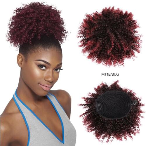 Afro Puff Ponytail Drawstring Synthetic Curly Ombre Burgundy Chignon Hairpiece Wrap Updo Hair Extensions with Two Clips