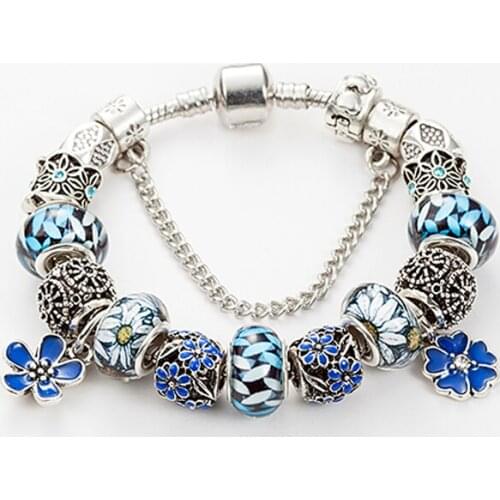 ANNAPAER 2019 Blue Enamel Flower Charm Bracelets & Bangles Fashion Murano Glass Beads Bracelet for Women Diy Jewelry PB16011