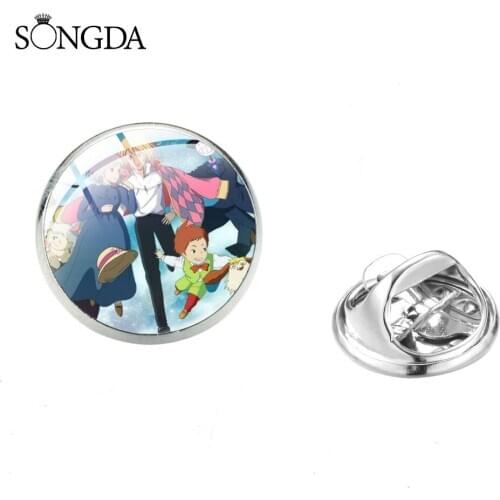 Cartoon Howls Moving Castle Cosplay Lapel Pins Badges on Backpack Hat Clothes Handmade Glass Round Stainless Steel Pin Brooch