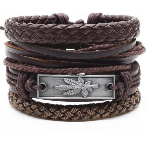 Black Brown Genuine Leather Bead Alloy Cross Archor Guitar Maple leaf Charm Bracelets Men Women Homme Female Jewelry 4pcs/set