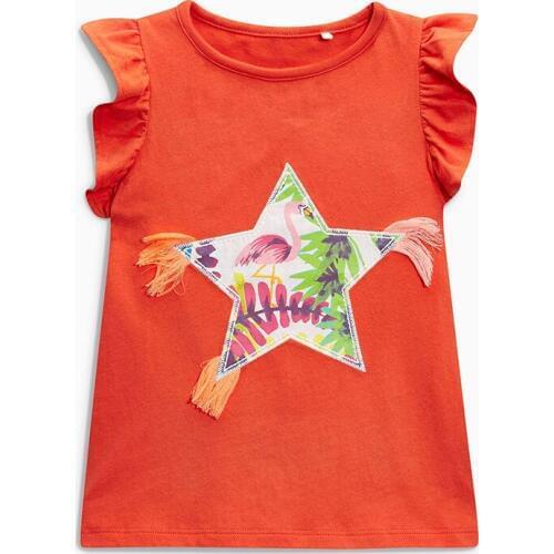 Little Maven New Summer Kids Clothing Orange Flare Sleeve O-neck Star Applique Knitted Cotton Quality Girls Casual Tshirts