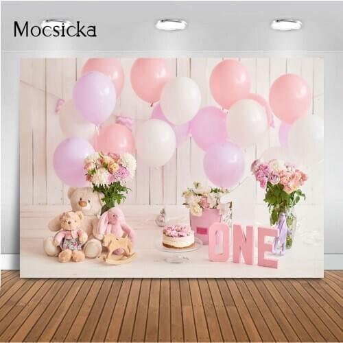Girls Cake Smash Backdrop for Photography Studio Pink Balloons 1st Birthday Cake Smash Photo Background Newborn Kids Portrait