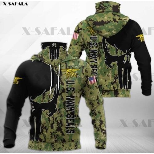 U S Navy Seals Camo Flag Skull 3D Printing Face Mask Neck Warm Hoodies Zipper Man Unisex Harajuku Outwear Pullover Sweatshirt