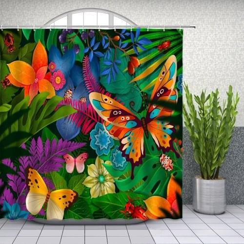 Cartoon Colored Butterfly Leaves Insect Childrens room Shower Curtains Bathroom Decor Waterproof Polyester Cloth Curtain Set
