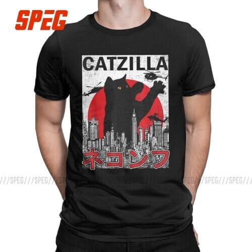 Catzilla Japanese Cat Kitten Lover Mens T Shirt Casual Tees Short Sleeve Crew Neck T-Shirt Pure Cotton Summer Tops