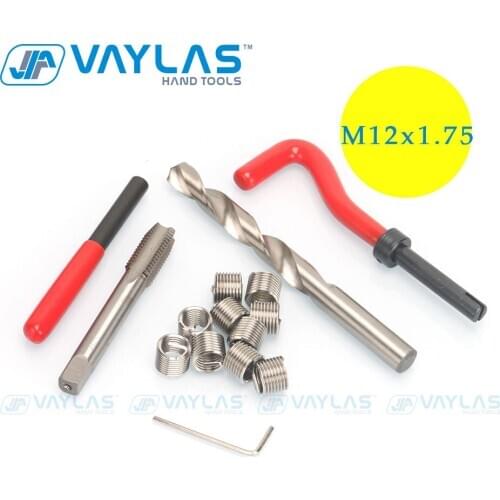 VAYLAS 15pcs M12x1.75mm Thread Repair Tool Set Stainless Steel Wire Helical Coil Combination Garage Tools Kit