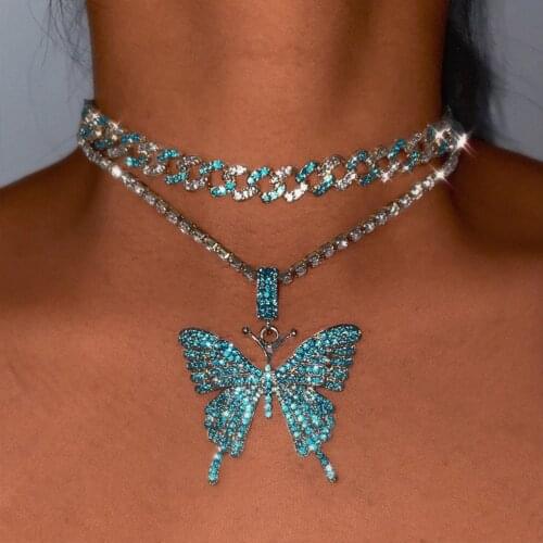 Hip Hop Rock Crystal Rhinestones Chunky Cuban Link Choker Necklace Women Big Butterfly Pendants Tennis Chain Multi-layer Jewelry