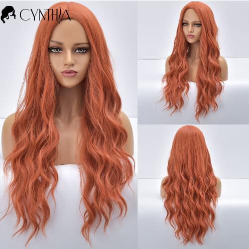 Long Wavy Orange Colored Daily Synthetic Wigs For Black White Women Natural Fiber Cosplay Heat Resistant Party Hair Wig