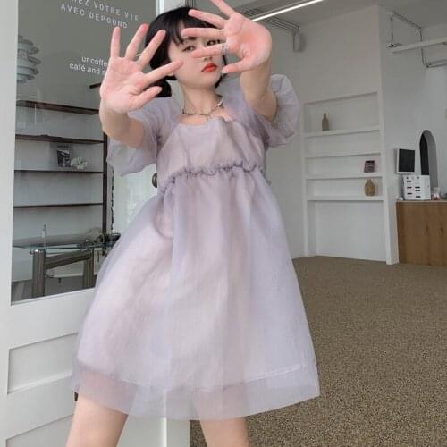 Korean Sweet High Waist Gauze Fairy Dress Kawaii Girls Vintage A-Line Party Dress Vintage Summer WomenS Puff Sleeve Mini Dress