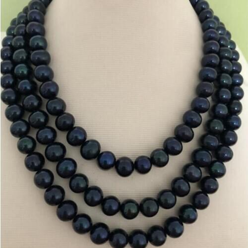 Stunning 9-10mm round tahitian black pearl necklace 48inch 14k/20