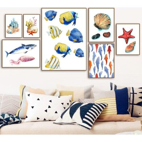 Fish Shell Starfish Coral Poster and Prints Cartoon Nursery Wall Art Canvas Painting Wall Pictures for Baby Kids Room Teen Room
