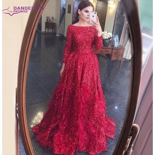 Luxury Dubai Arabic Sexy A-Line O-Neck Evening Dress 2020 Long Sleeves Sequins Feathers Formal Party Gown