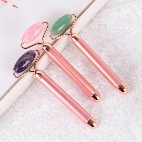 Rose Gold Rose Quartz Face Massage Tool Electric Wrinkles Remover Amethyst Jade Roller Stone Facial Vibrating Massager Lifting