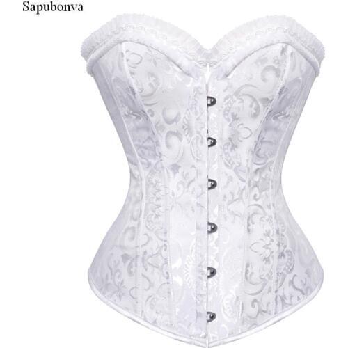 Sapubonva corset tops to wear out bustiers steel boned overbust corset plus size brocade pattern corset sexy lingerie black