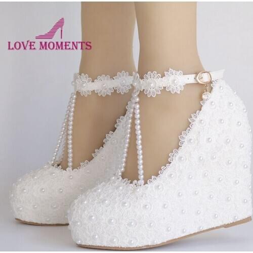 Lace Up T-strap Buckle Straps Bridal Wedding Shoes White Lace Bride Dress Shoes Plus Size 42 Beautiful Wedge Heel Prom Pumps