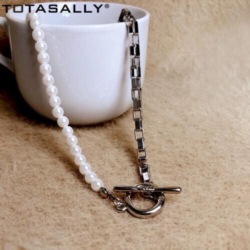 TOTASALLY Mismatch Collar Necklaces Designer Fashion Metal Box Chain Simulated Pearl Toggle Minimalist Necklace Jewlery Dropship