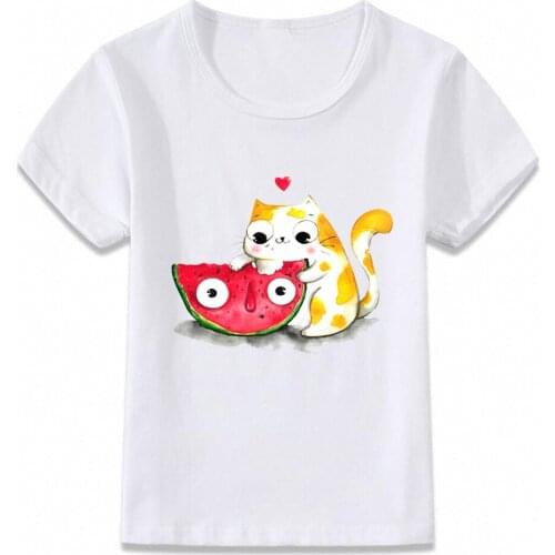 Funny Graphic Kids Clothes T Shirt Cute Cat Eating Watermelon Children T-shirt for Boys and Girls Toddler Shirts Tee