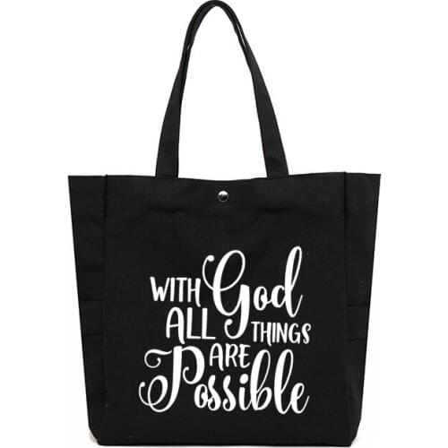 With God All Things Are Possible Letters Printed Women Tote Bag Gift for Christian Church Bag Book Bag Work Bag Large Capacity